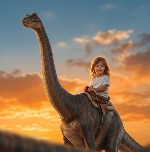 Dino Trail art print: child riding atop a long-necked dinosaur along a forest trail