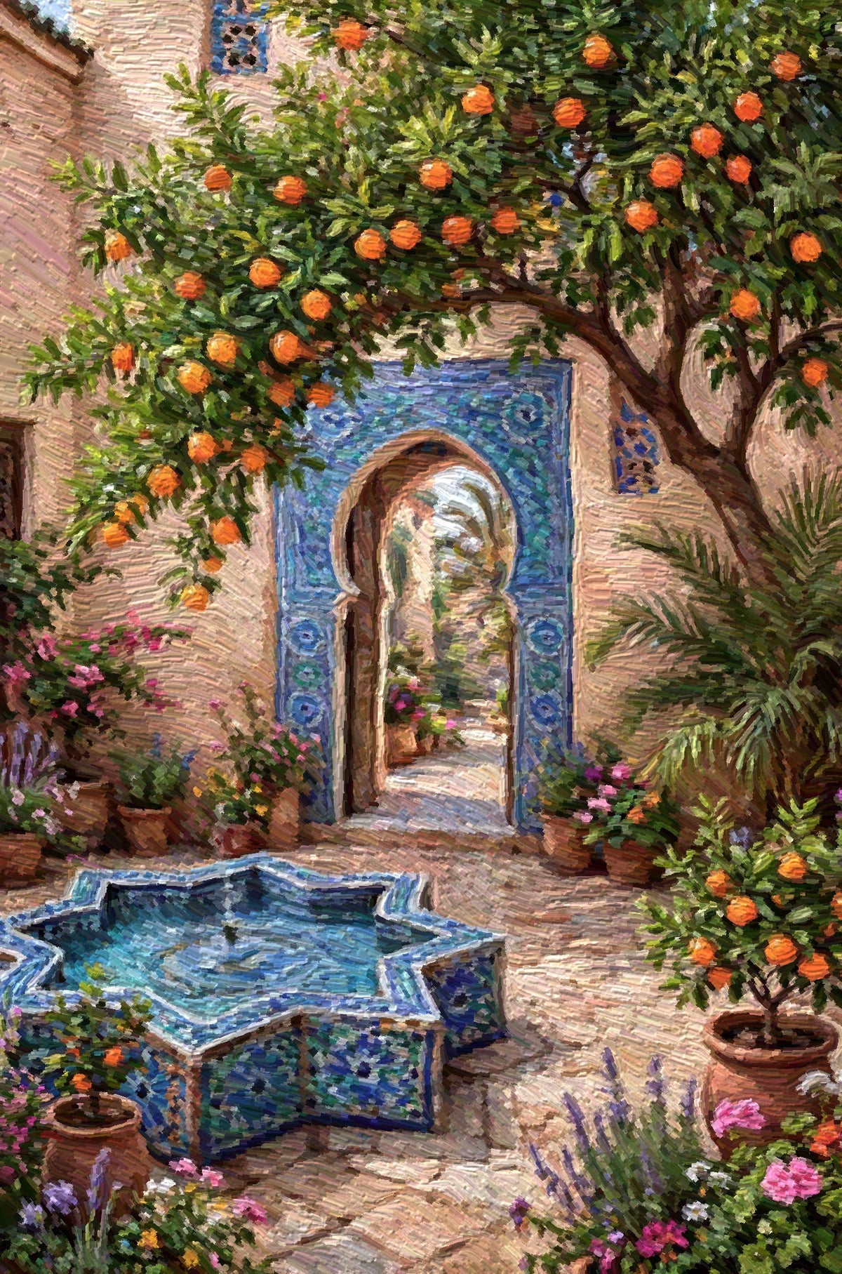 Orange Tree Courtyard, an oil painting of a Moroccan courtyard with an orange tree, blue tiled archway and star fountain