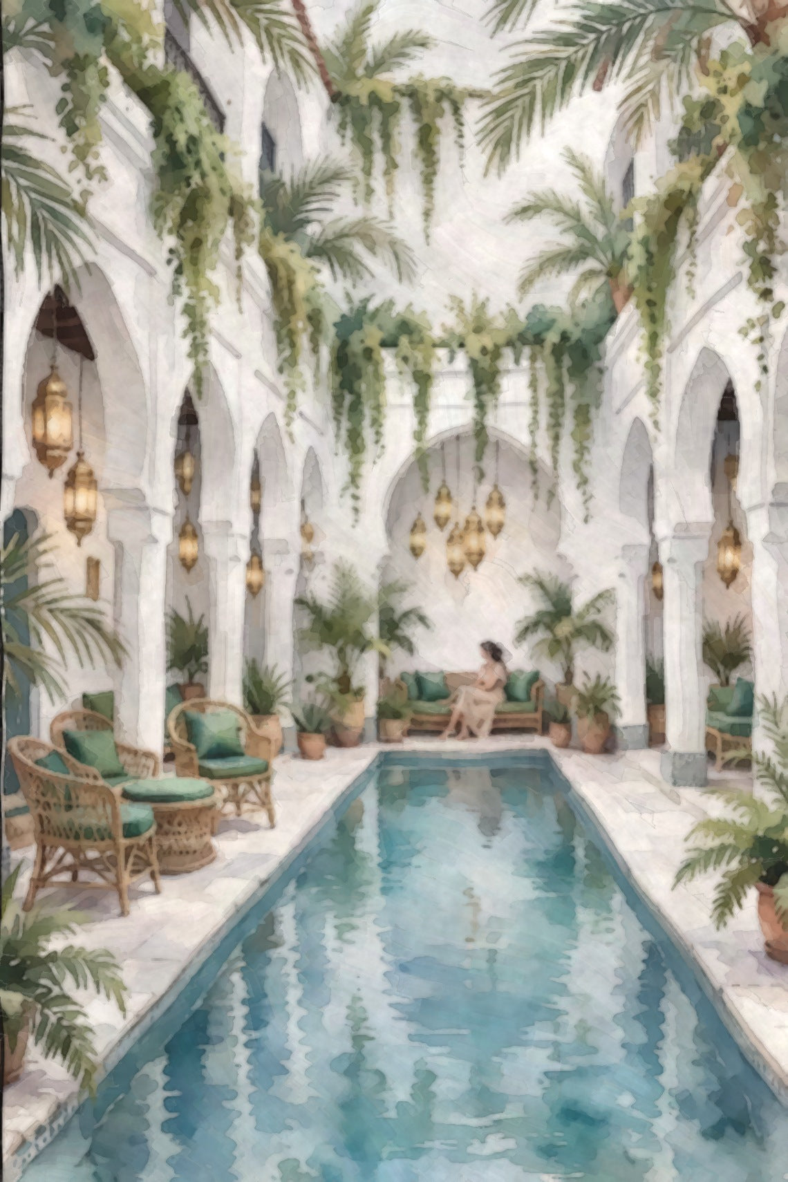 Green Courtyard Nook, a gouache painting of a white riad with hanging lanterns, trailing greenery and a turquoise pool