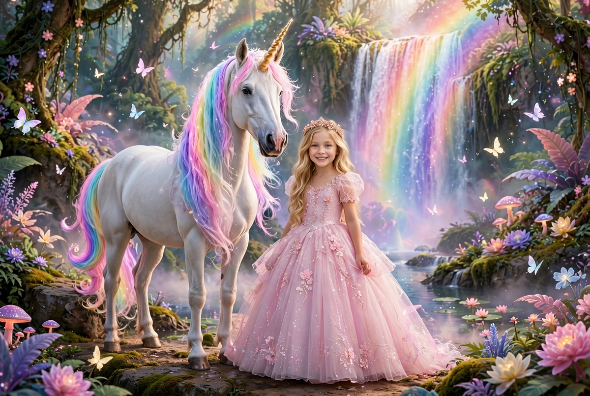 Unicorn Dreams Diamond Art Kit design preview: a girl as a princess beside a rainbow-maned unicorn in front of a shimmering waterfall