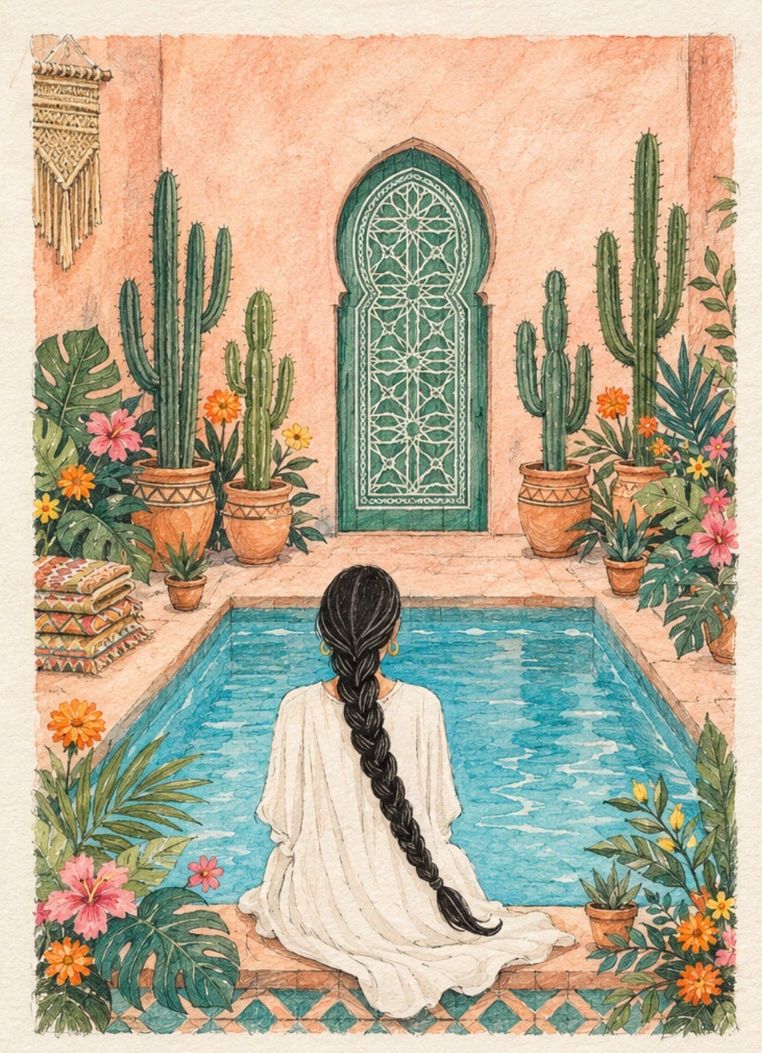 Hand-drawn illustration of a woman with a long braid sitting beside a turquoise courtyard pool, surrounded by cacti and flowers