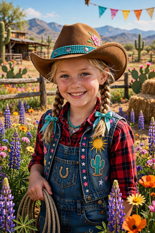 Wildflower Ranch design preview: a smiling girl as a cowgirl in a felt hat and embroidered denim, holding a lasso among purple lupins and wildflowers on a sunny ranch