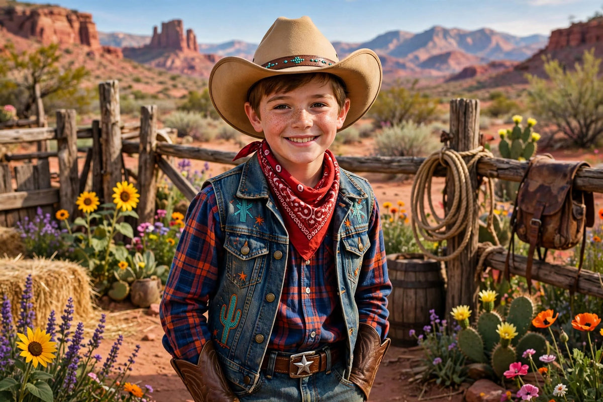 Wildflower Ranch design preview: a smiling boy as a cowboy in a felt hat, red bandana and denim vest, by a rustic fence with sunflowers and red rock canyons behind