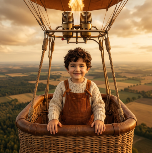 Custom diamond painting kit of a child riding a hot air balloon through sunset skies