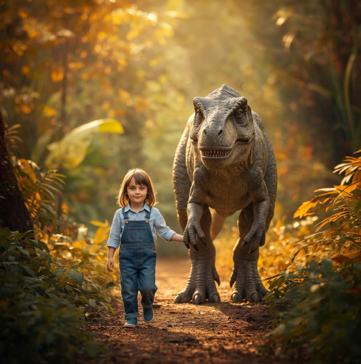 Child resting in the grass beside a gentle dinosaur companion