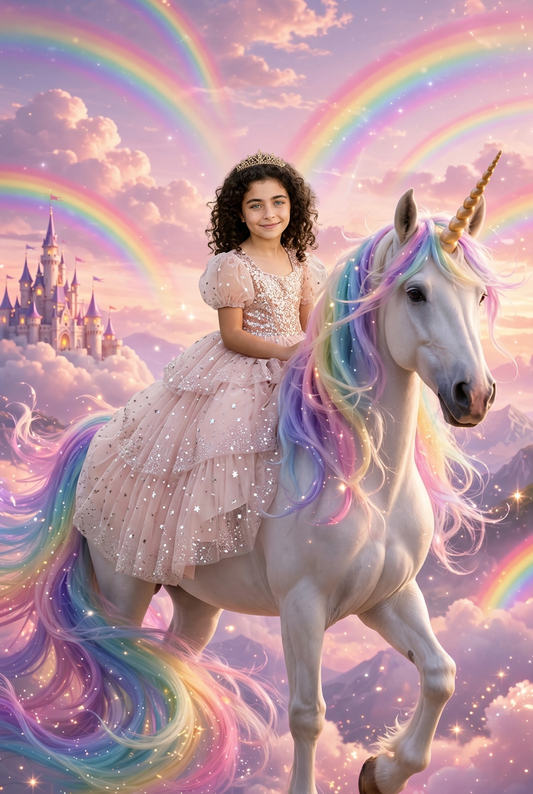 Girl as a princess riding a rainbow unicorn, custom diamond painting