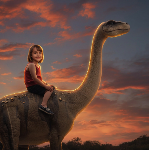 Dino Trail art print: child discovering a hatching dinosaur egg in its nest