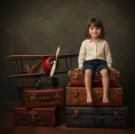 Traveler's Trunk poster — child beside a vintage travel trunk