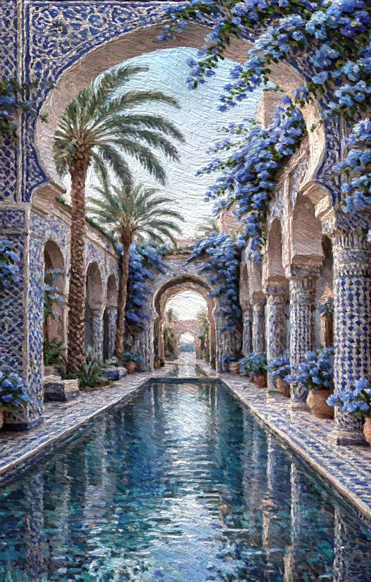 Blue Blossom Oasis, an oil painting of a blue-tiled walkway with cascading blue blossoms and a long reflecting pool