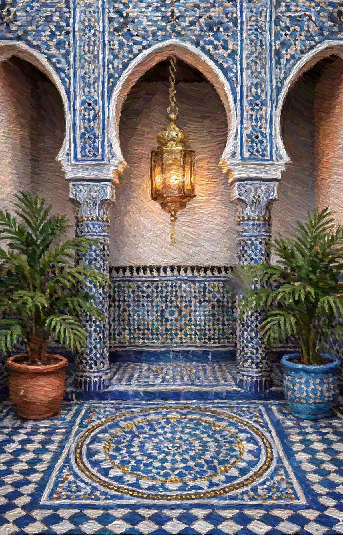 Blue Mosaic Alcove, an oil painting of a cobalt-tiled alcove lit by a brass lantern