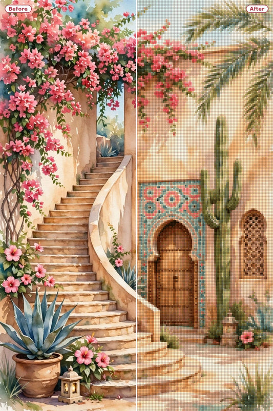 Before and after: the Bougainvillea Staircase artwork and its diamond painting
