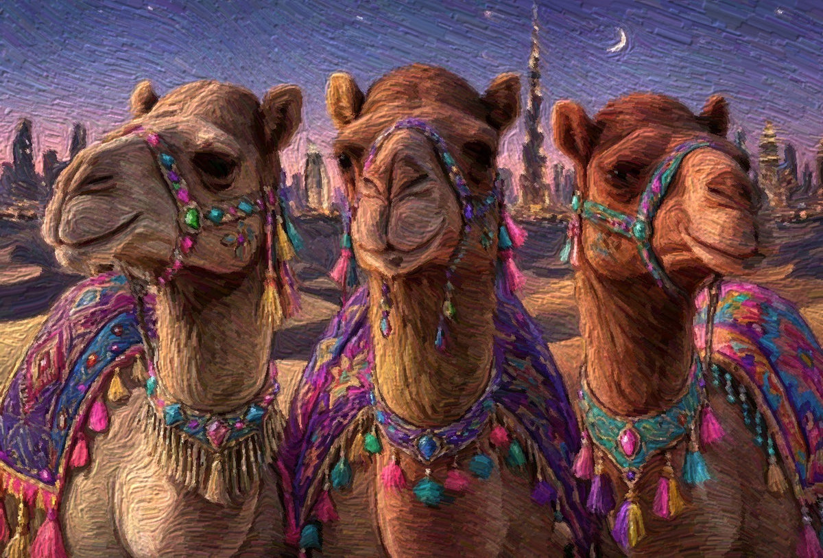 Dubai Nights Caravan, an oil painting of three camels in jewelled harnesses under a crescent moon with the Dubai skyline