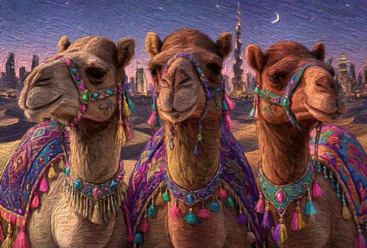 Dubai Nights Caravan, an oil painting of three camels in jewelled harnesses under a crescent moon with the Dubai skyline