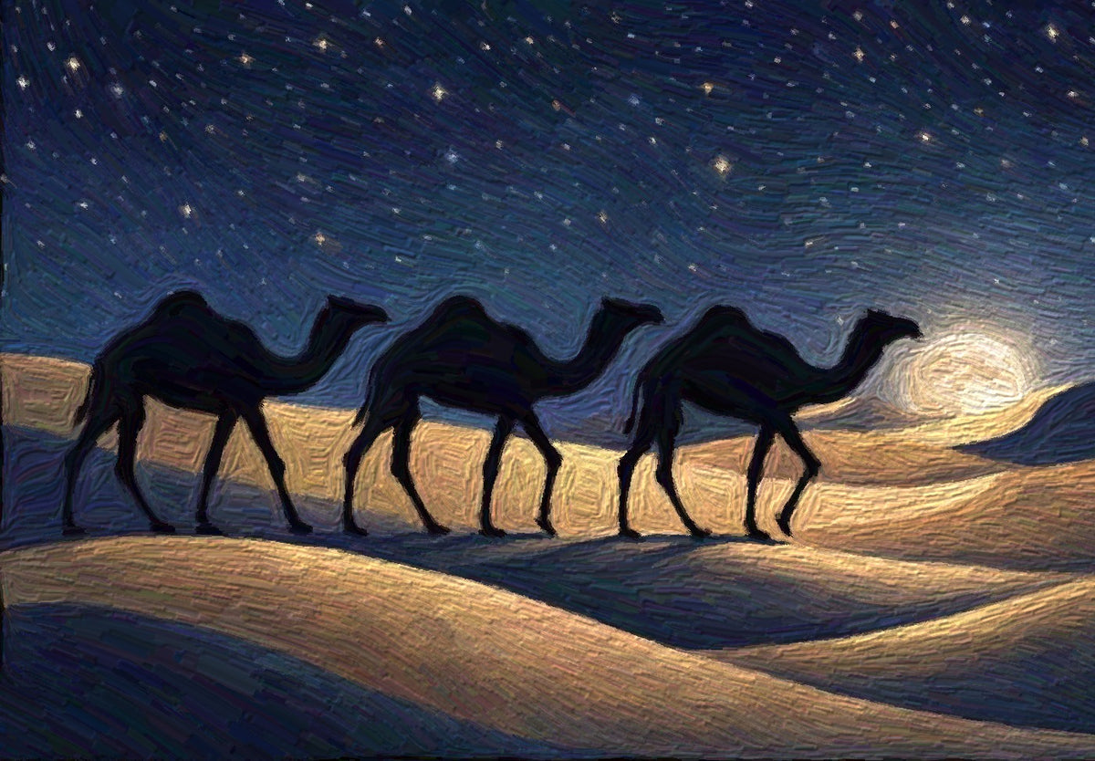 Camels Under Moonlight, an oil painting of three camels crossing moonlit dunes under a starry sky