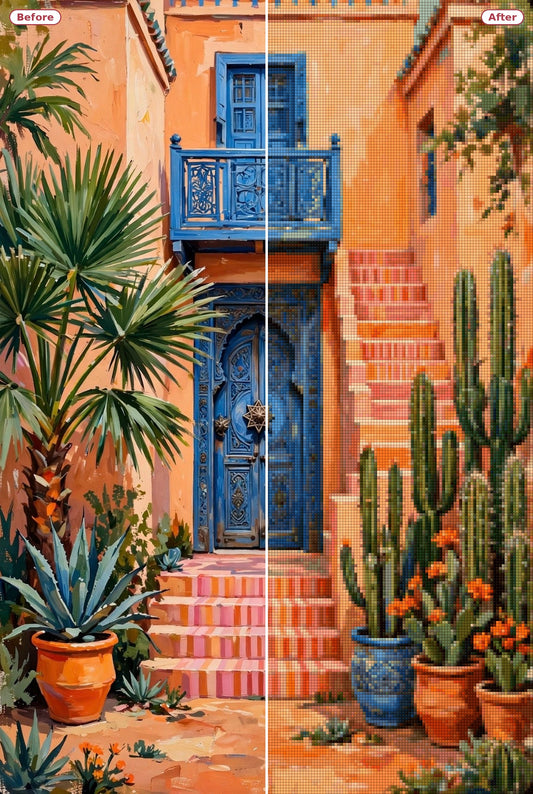 Before and after: the Cobalt Gate Courtyard artwork and its diamond painting