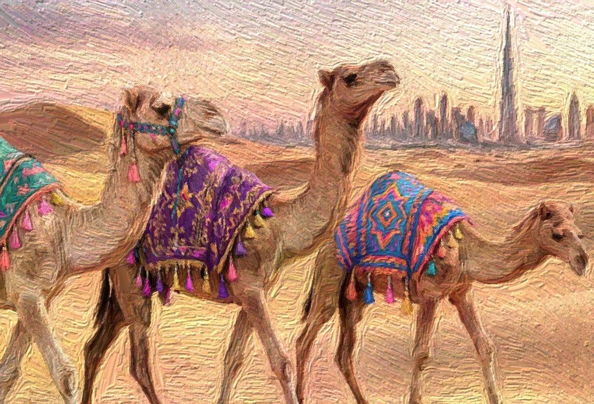 Burj Sunset Caravan, an oil painting of decorated camels walking through the desert with the Dubai skyline behind