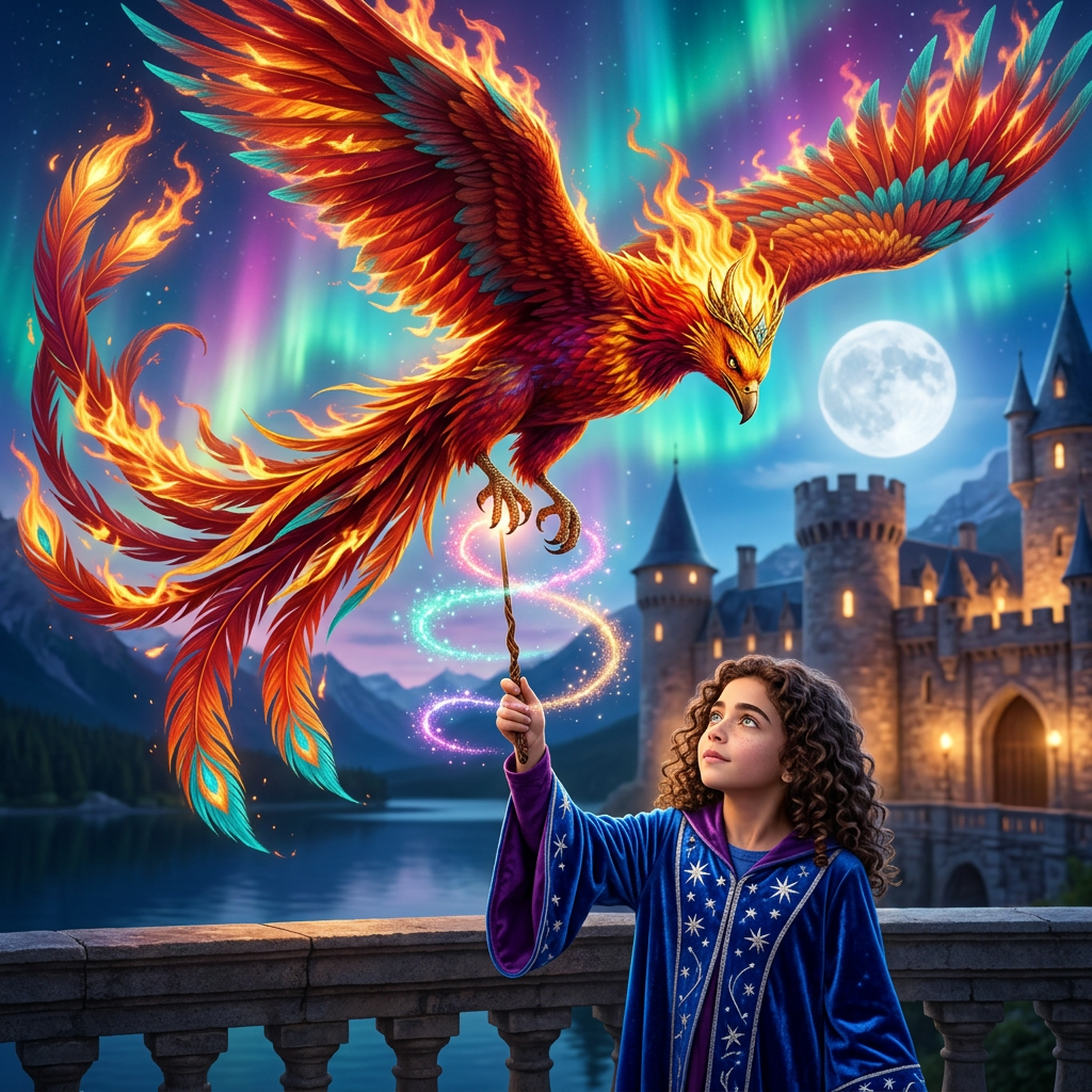 Custom diamond painting kit design preview of a child reimagined as a young wizard on a castle balcony as a glowing phoenix sweeps down beneath northern lights, in the Phoenix Rising Diamond Art Kit's warm amber and midnight-blue palette
