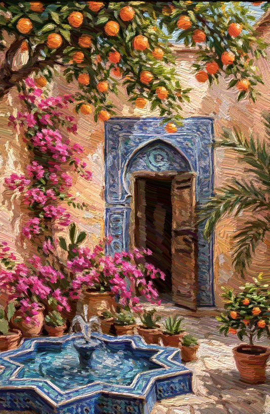 Bougainvillea Archway, an oil painting of a sunlit courtyard with an orange tree, bougainvillea and a blue tiled doorway