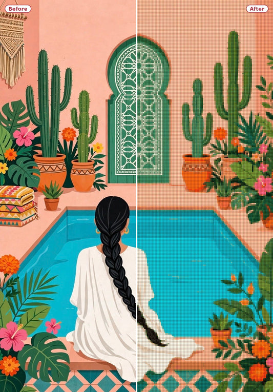 Before and after: the Poolside Retreat artwork and its diamond painting