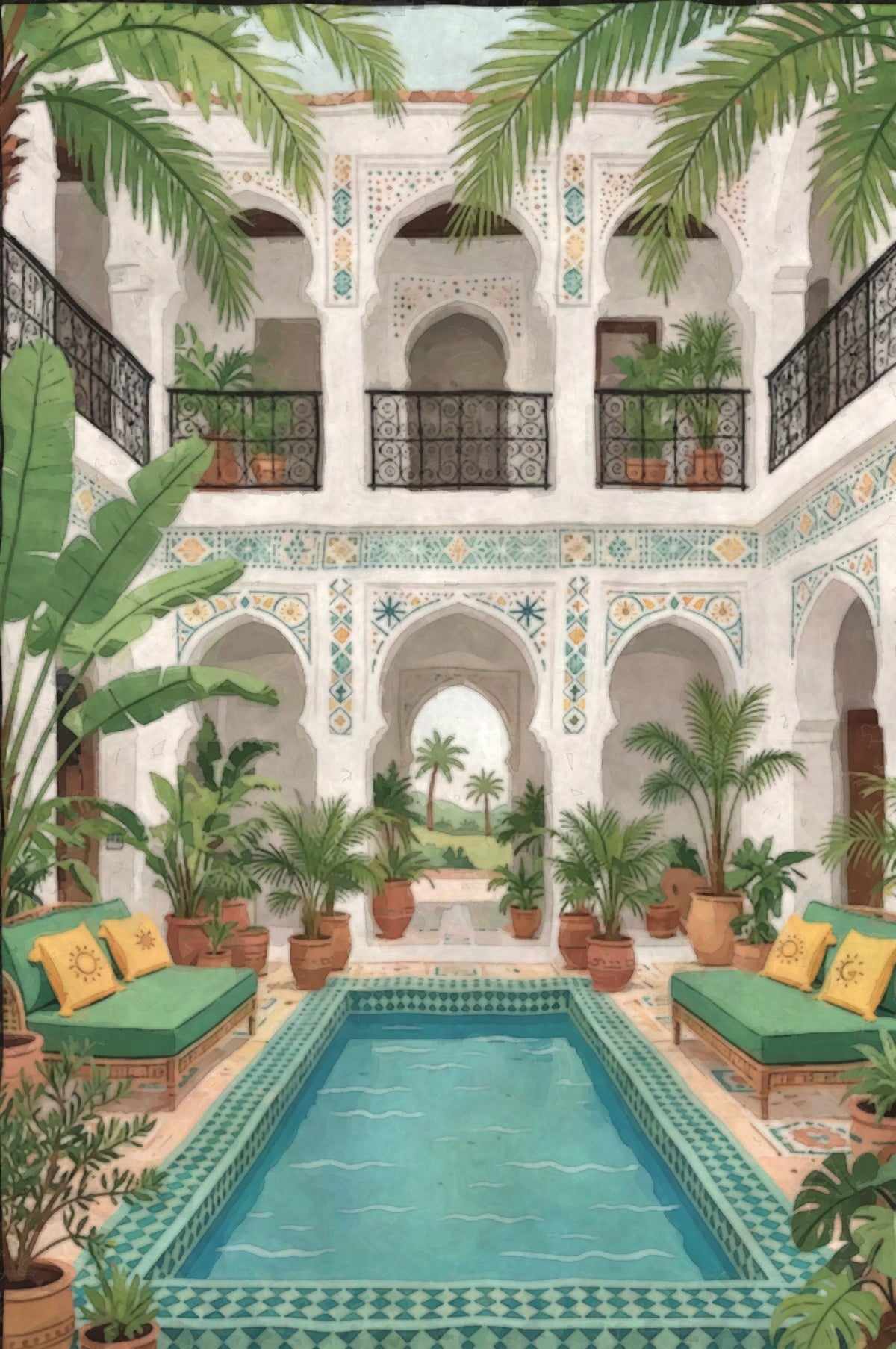 Palm Court Reflecting Pool, a gouache painting of a white riad courtyard with palms, green daybeds and a turquoise pool
