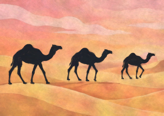 Desert Caravan Sunset, a hand-painted gouache of three camels crossing golden dunes toward a pink sunset