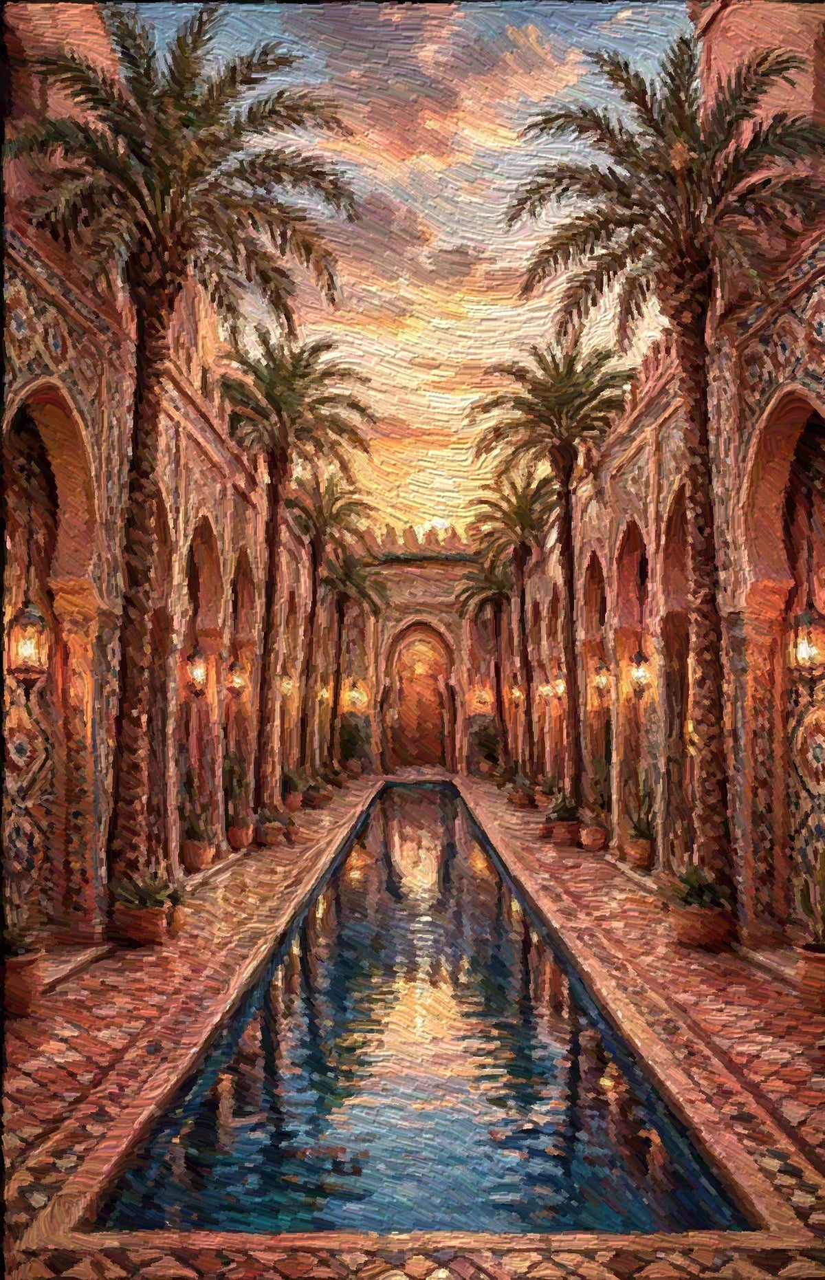 Sunset Palm Promenade, an oil painting of a palm-lined Moroccan promenade and reflecting pool at sunset