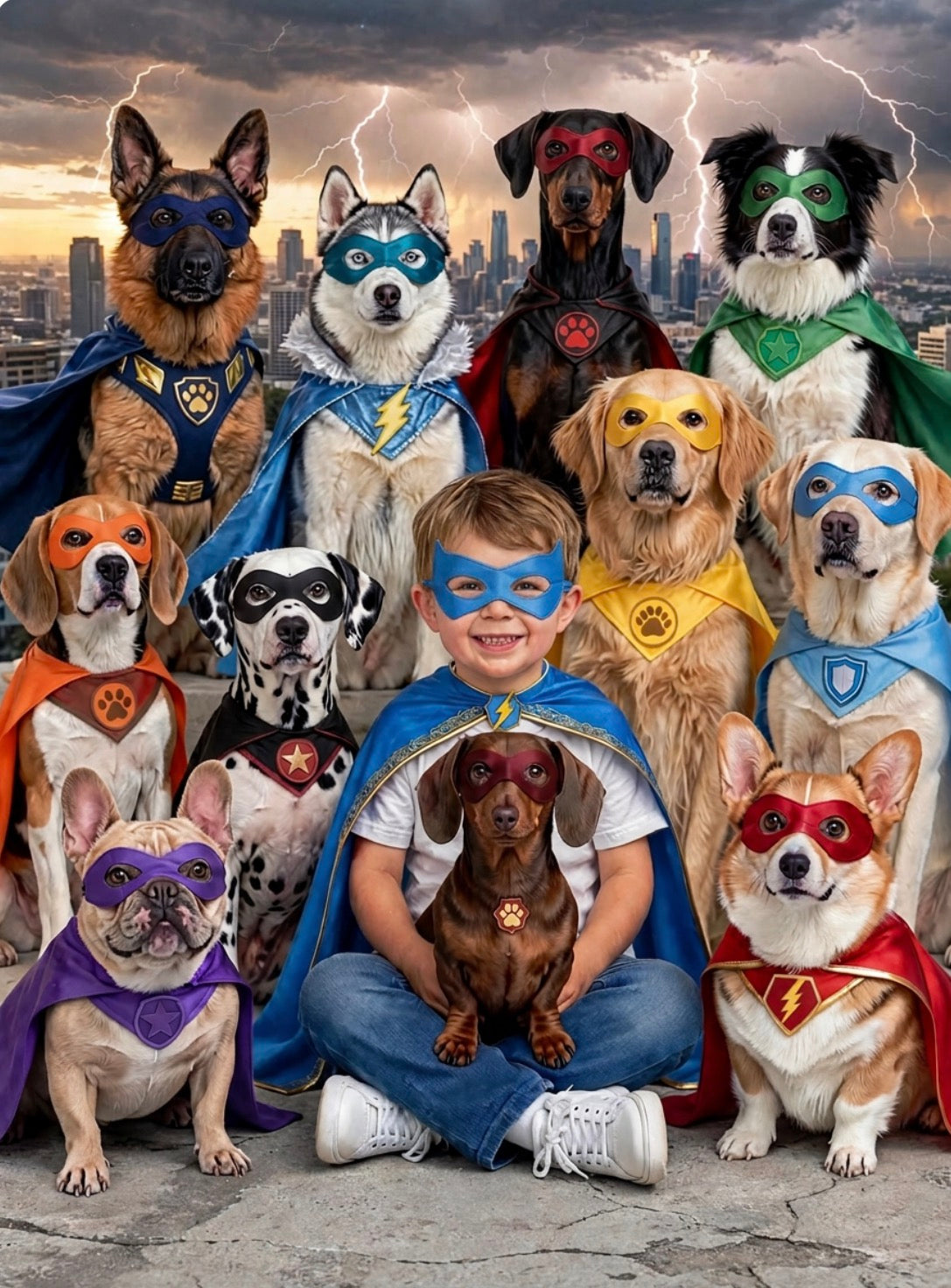 A smiling boy in a blue superhero cape and mask sits holding a dachshund, surrounded by eleven masked, caped superhero dogs on a rooftop under a stormy city sky