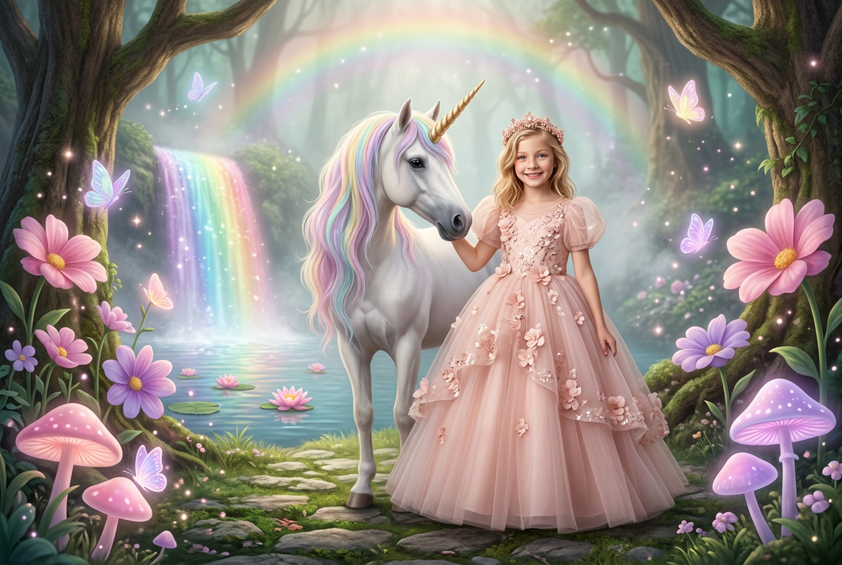 Unicorn Dreams Art Print design preview: a girl as a princess beside a rainbow-maned unicorn in front of a shimmering waterfall