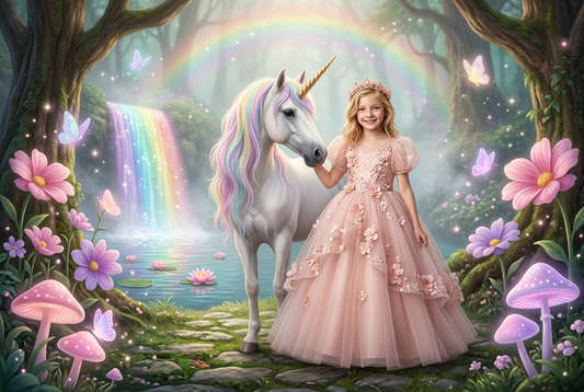 Unicorn Dreams Art Print design preview: a girl as a princess beside a rainbow-maned unicorn in front of a shimmering waterfall